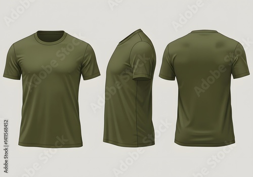 Olive green mens t shirt mockup three view