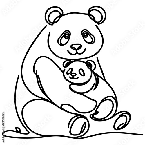 Panda Mother and Baby Line Art.