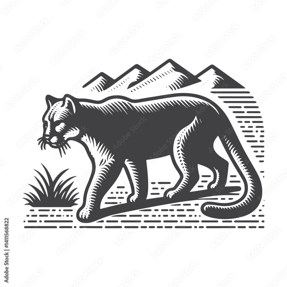 Fototapeta premium Simple Mountain Lion Stalking Vector Icon Design – Vintage Retro Logo & Illustration
