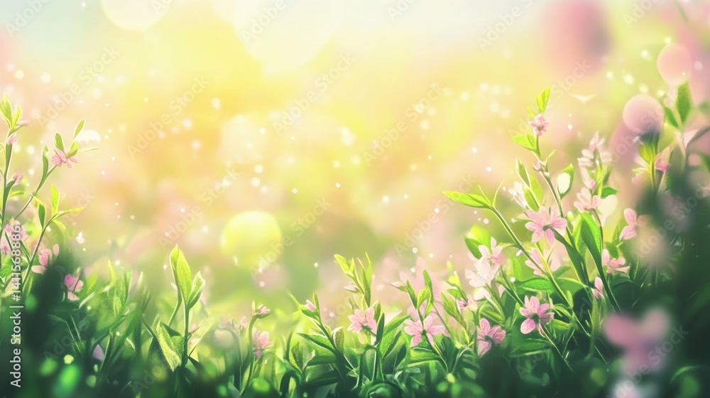 Fototapeta premium Vibrant spring meadow filled with blooming flowers and soft sunlight illuminating the scene