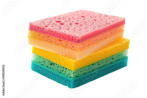 Colorful kitchen sponges stacked neatly, displaying vibrant hues and textures, ready for cleaning chores in a bright and lively space isolated on transparent background