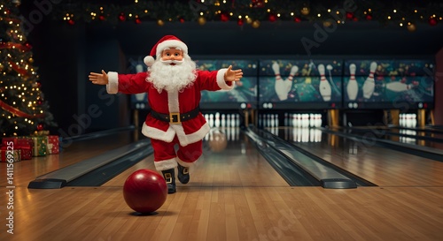 Santa bowling in a festive holiday bowling alley