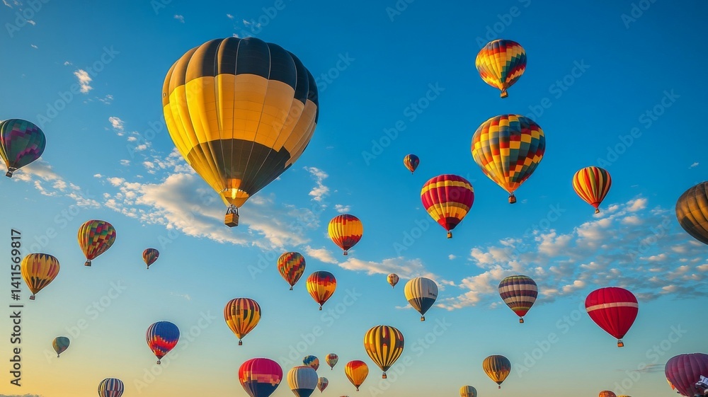 Obraz premium Colorful Hot Air Balloons Soaring in a Blue Sky