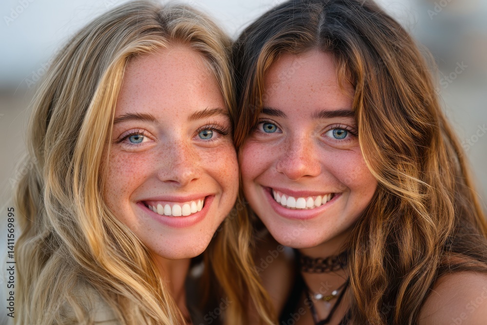 Zwei junge Frauen mit natürlichem Look lächeln in die Kamera am Strand, Two young women with natural look smiling into the camera at the beach
