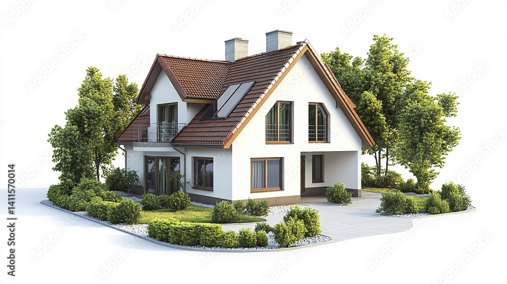 Modern house with solar panels and lush garden, ideal for eco friendly living Modern house with solar panels and lush garden, ideal for eco friendly living