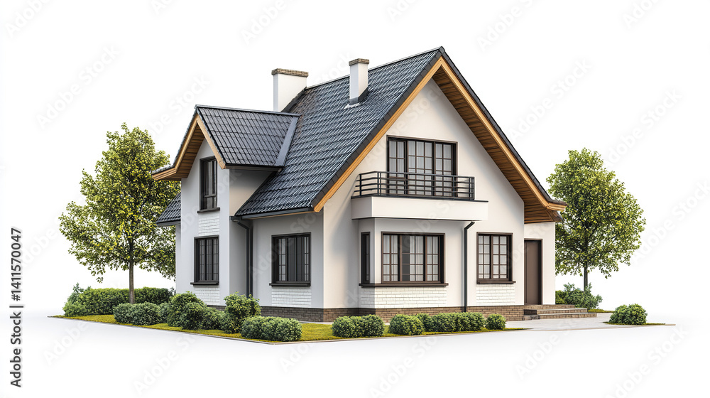Modern house with pitched roof and large windows surrounded by greenery Modern house with pitched roof and large windows surrounded by greenery