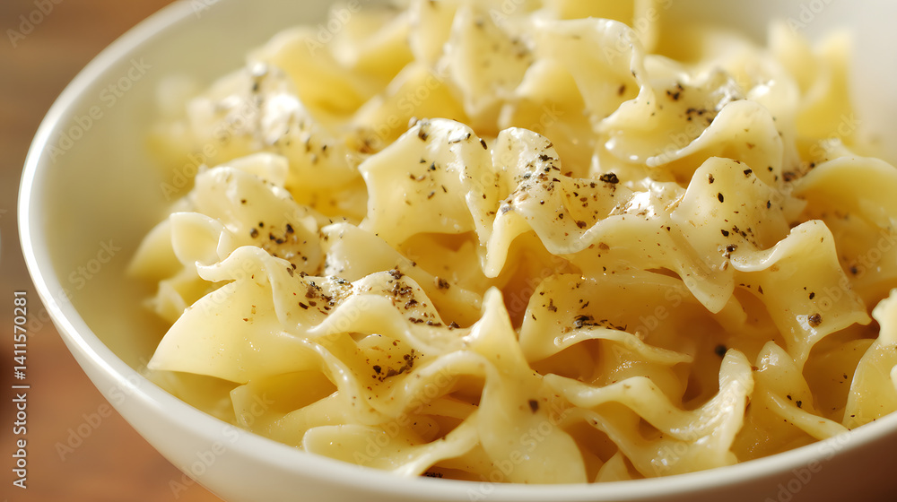 Photorealistic Close-Up of Simple Buttered Egg Noodles Topped with Black Pepper on a Neutral Plate Photorealistic Close-Up of Simple Buttered Egg Noodles Topped with Black Pepper on a Neutral Plate
