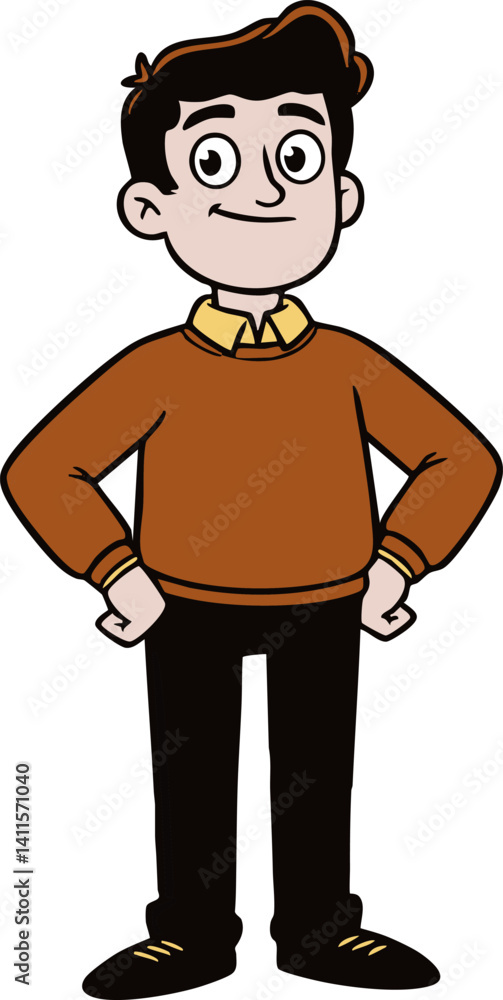 Fototapeta premium Cartoon man in brown sweater with black pants and a smile.