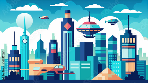 The futuristic city skyline is a testament to human progress and advancement with its air taxis serving as the ultimate symbol of a society that thrives on efficiency and. Vector illustration