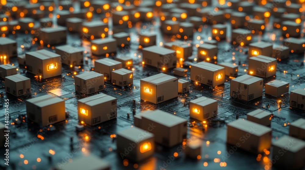 Obraz premium Glowing Cardboard Boxes on Circuit Board Network