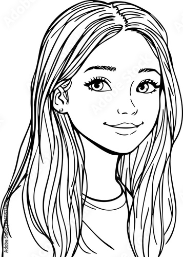 Charming cartoon girl illustration with long flowing hair and a gentle smile done in black line art Perfect for coloring books or graphic design.