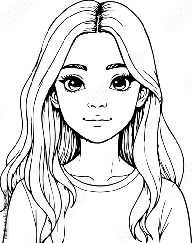 Line art of a girl with wavy hair and big eyes offers a clean and simple aesthetic Perfect for educational resources and creative design projects.