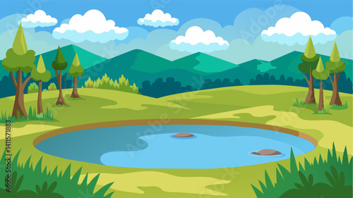 The barren farmland surrounding the pond stands in stark contrast to the vibrant greenery that once thrived thanks to the lifegiving waters of the pond.. Vector illustration