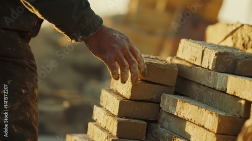 Construction worker stacking bricks. Outdoor construction site