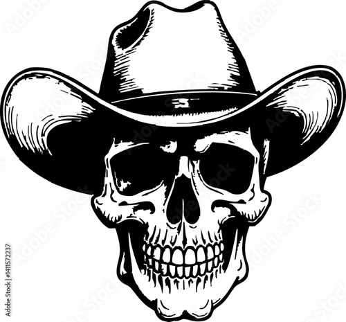 Vintage black and white illustration of skull wearing a cowboy hat and smiling, great for Halloween, western, or edgy designs.
