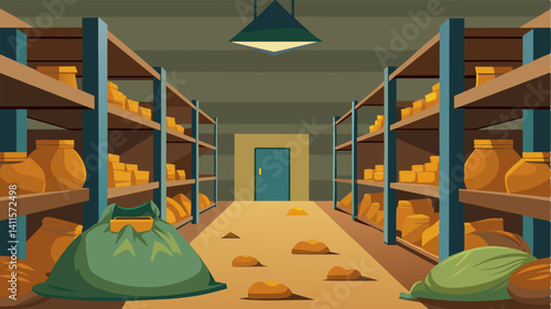 The barren warehouse with its vacant shelves and empty sacks serves as a poignant reminder of the consequences of neglecting food reserves.. Vector illustration