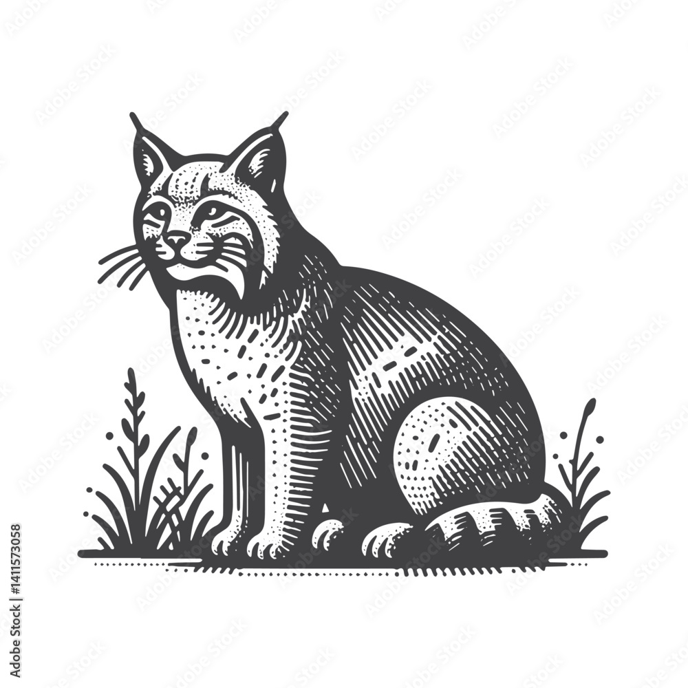 Obraz premium Simple Bobcat Sitting Vector Icon Design – Vintage Retro Logo & Illustration