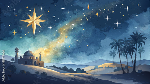 *Magical watercolor starry night background in deep blues and golds – celestial Star of Bethlehem scene with reflective glow and copy space*  