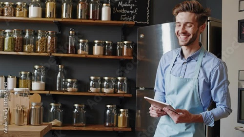 The Smiling Shopkeeper with Tablet