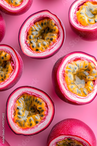 Wallpaper Mural Top view of fresh passion fruit halves arranged on a bright pink background. Vivid colors, tropical mood, and minimal composition suitable for food, summer, and healthy lifestyle concepts. Torontodigital.ca