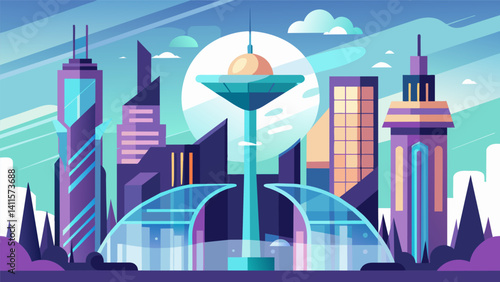 Against the backdrop of gleaming glass and steel structures the eVTOLs add a touch of otherworldly charm to the urban landscape a clear sign of advanced progress and innovation.. Vector illustration