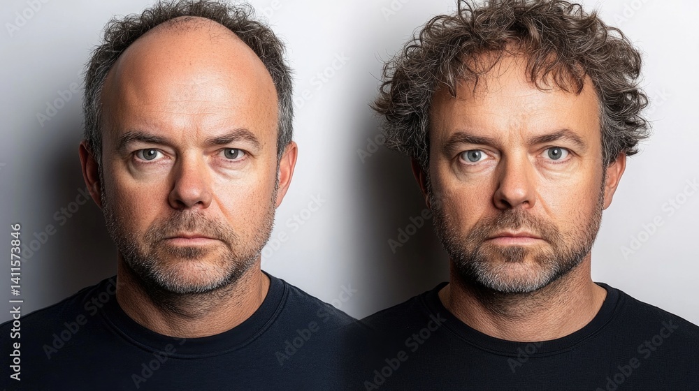 Obraz premium Two caucasian adult men posing against white background with different hairstyles
