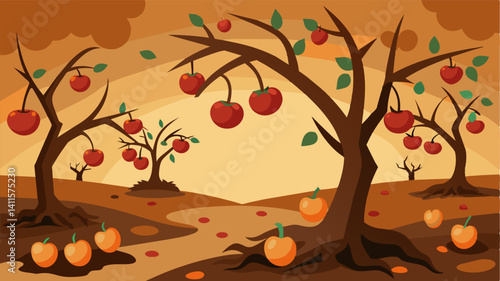 The bittersweet sight of cherry trees their branches heavy with unpicked fruit now shriveled and rotting on the ground below.. Vector illustration