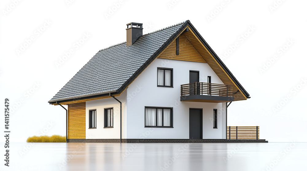 Modern house with wooden accents and balcony, isolated on white Modern house with wooden accents and balcony, isolated on white