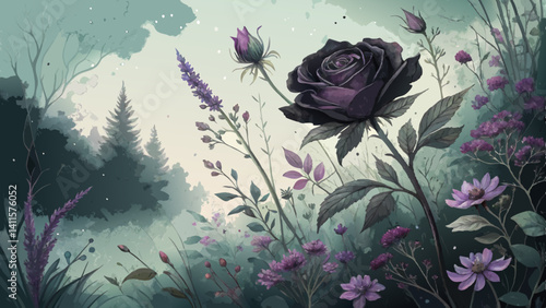 *Dark botanical  background with black roses and wildflowers in eerie purple and green tones, gothic floral design with copy space*  