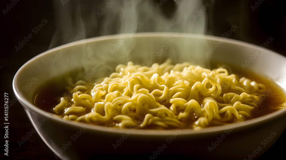 Close-Up Photorealistic Image of a Simple Bowl of Steaming Prepared Noodles with Rich Broth Presentation