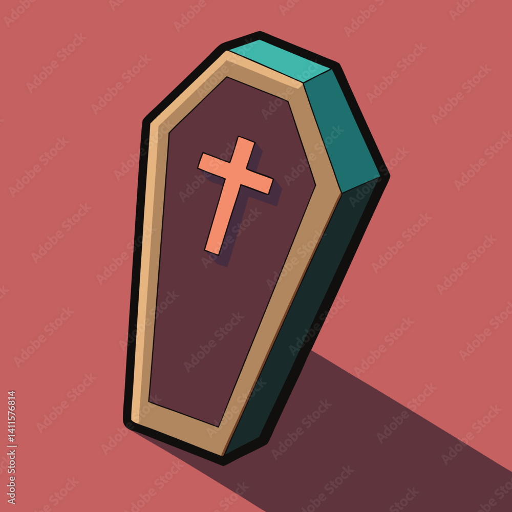 Fototapeta premium Coffin with Cross in a Geometric Style on a Red Background 