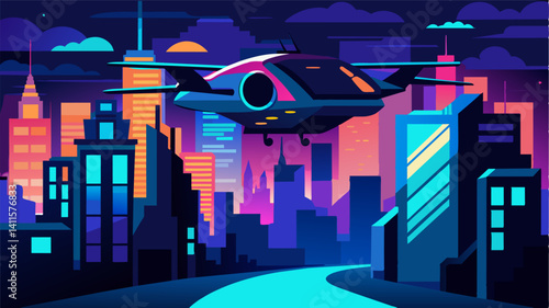 At night the city below was a luminous display of lights as the eVTOL glided through the neonlit streets revealing the citys vibrant nightlife.. Vector illustration