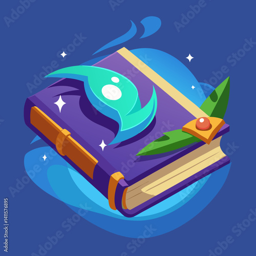 Mystical spellbook with decorative elements on a blue background  