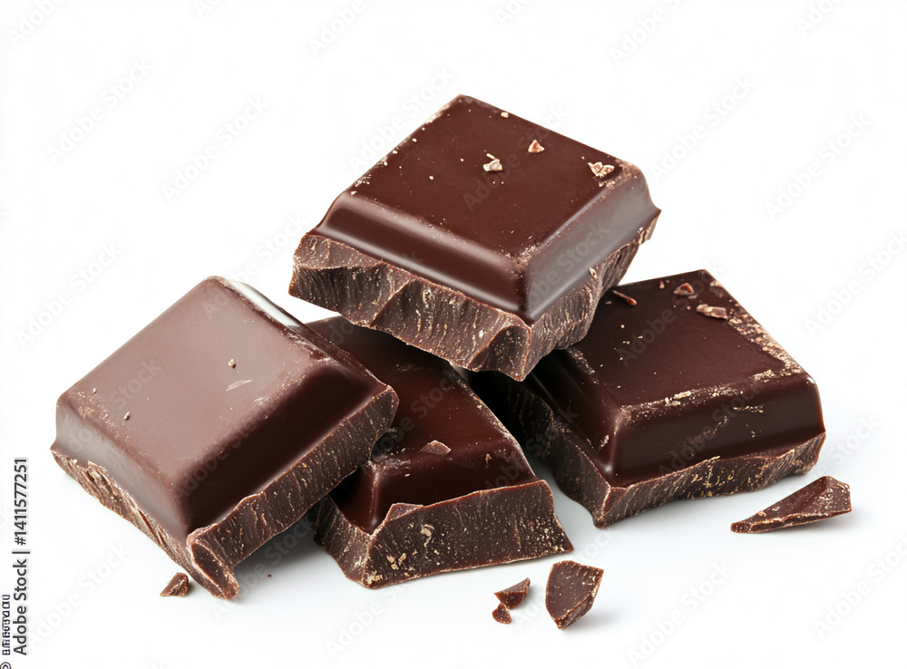 Close-up of Broken Pieces of Dark Chocolate on White Background Close-up of Broken Pieces of Dark Chocolate on White Background