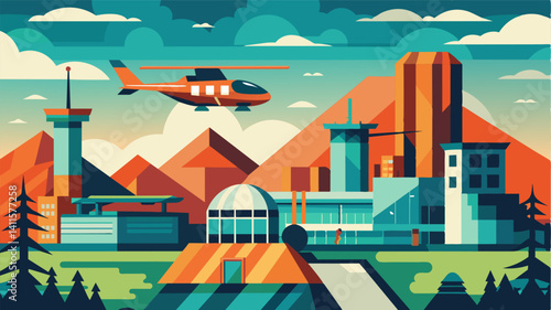 The air taxis provide a spectacular view of the industrial park from above showcasing the impressive architecture and design.. Vector illustration