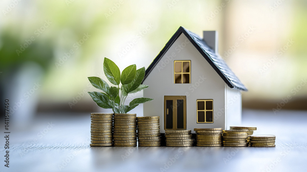 small house model with coins and plant symbolizes investment growth