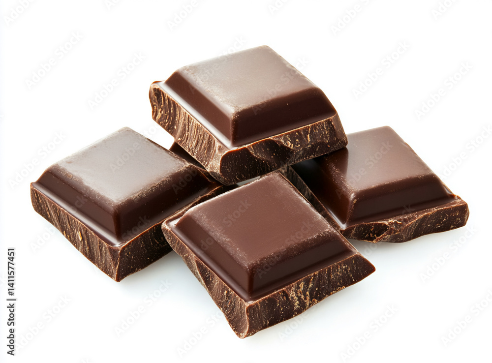 Closeup of Delicious Dark Chocolate Pieces Isolated on White Background Closeup of Delicious Dark Chocolate Pieces Isolated on White Background
