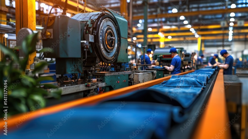 Fototapeta premium Factory workers assembling denim jeans on automated production line