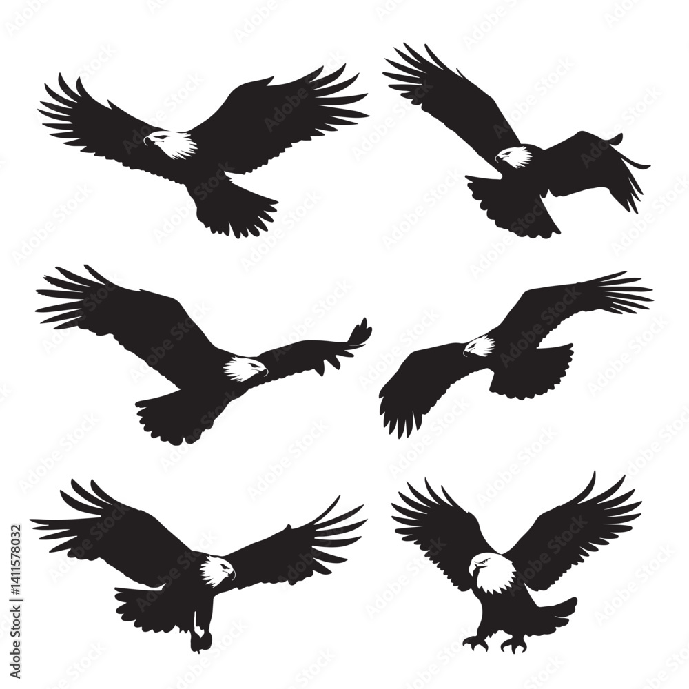 Fototapeta premium Silhouette of eagle vector icon set illustration isolated on white background.