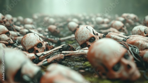 Robot figures scattered towards the horizon, covered in rust and surrounded by mystery