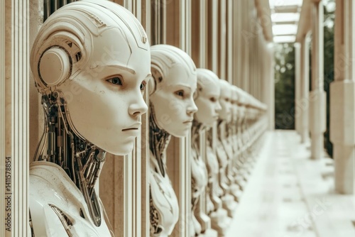 Futuristic humanoid robots with high detail in a line, observing uniformity and design.