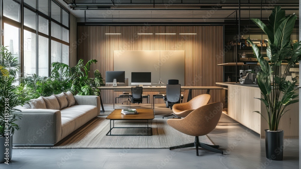 Modern and Luxurious Office Design with Warm Lighting and Lush Greenery Modern and Luxurious Office Design with Warm Lighting and Lush Greenery