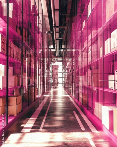 Warehouse interior featuring vivid pink lighting, rows storage shelves, and industrial ambiance. Innovative use of color enhances conventional storage settings