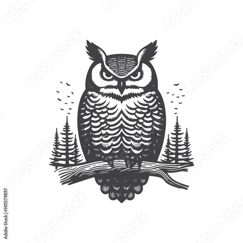 Simple Great Horned Owl Front View Vector Icon Design – Vintage Retro Logo & Illustration
