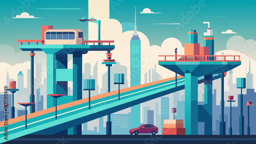 A vertical cityscape with elevated highways and bridges designed specifically for autonomous ground vehicles creating a seamless flow of traffic without traditional traffic lights.. Vector