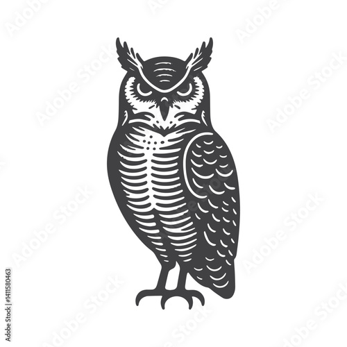Simple Great Horned Owl Perched Vector Icon Design – Vintage Retro Logo & Illustration photo