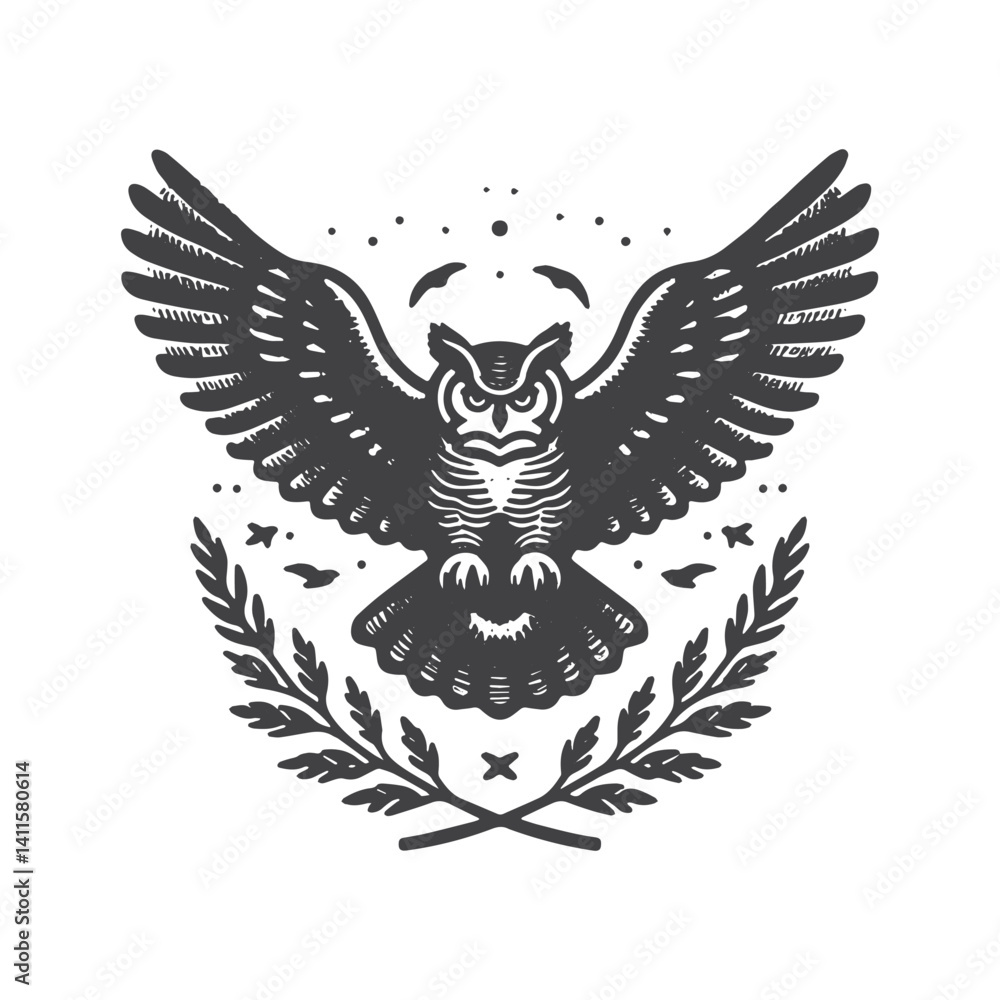 Fototapeta premium Simple Great Horned Owl Flying Vector Icon Design – Vintage Retro Logo & Illustration