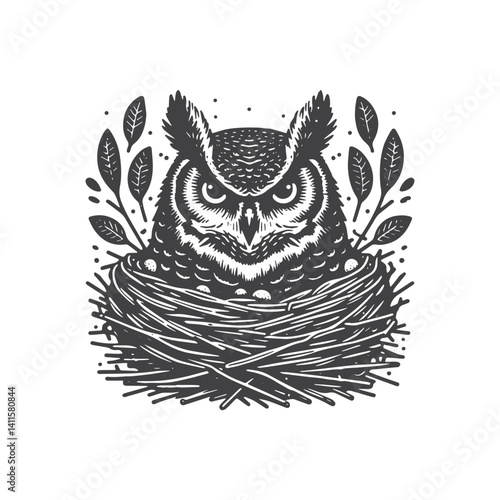 Simple Great Horned Owl Nest Side View Vector Icon Design – Vintage Retro Logo & Illustration