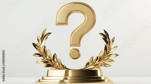 Golden Question Mark Surrounded By Laurel Branches On A Podium Against White Background