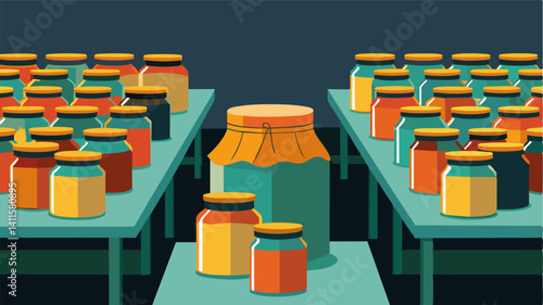 Tables lined with jars of honey and jam remain untouched a stark contrast to their usual popularity a buyers.. Vector illustration